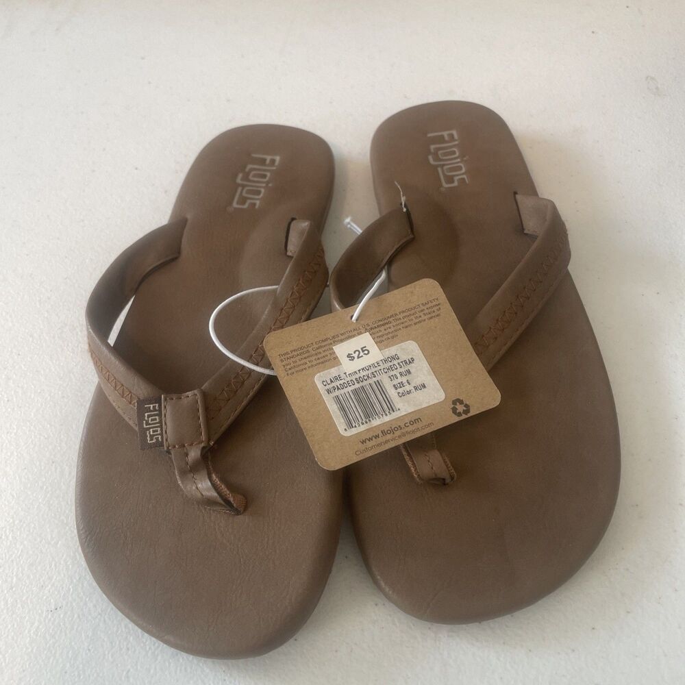 Flojos Women's Brown Thong Flip Flop Sandals, Claire, Slip-On Size 6 rum